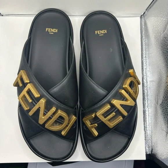Fendi Black Slides with Gold Logo - Picture 2 of 5